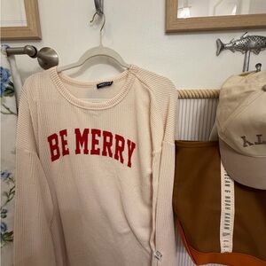 “Be Merry” Cream Waffle Knit Christmas Sweater